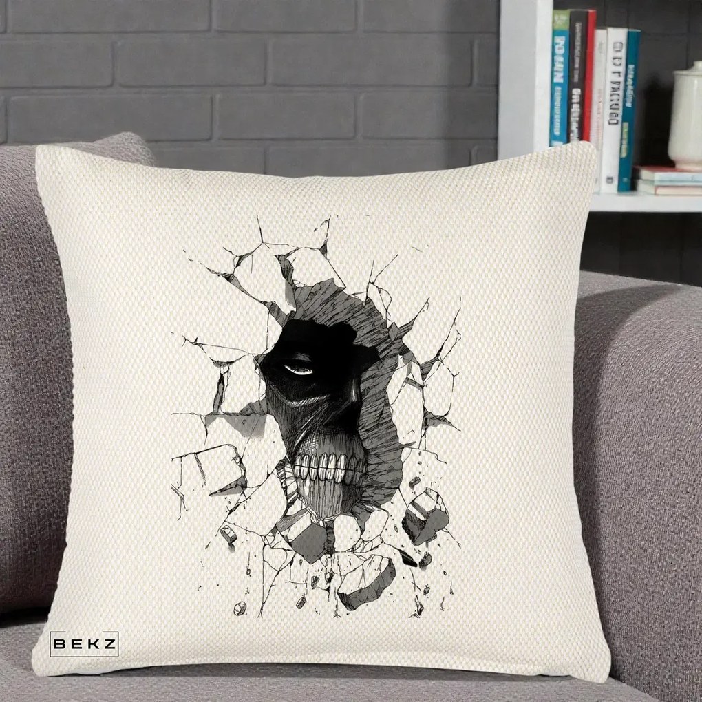 Perna Personalizata Attack on Titan Titan Crapand Zidul, 40x40 cm, Crem Reliefat, Husa Detasabila, Perna Inclusa, BEKZ®