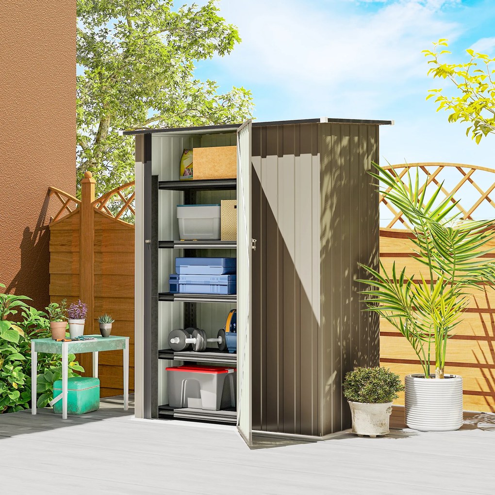 Outsunny Căsuță de Grădină 1.07m² din Oțel Zincat, Depozit pentru Unelte cu Ușă Blocabilă, Acoperiș Înclinat, 142x86x189 cm, Maro | Aosom Romania