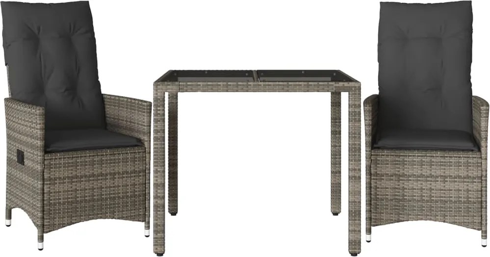 vidaXL Set bistro de grădină cu perne, 3 piese, gri, poliratan