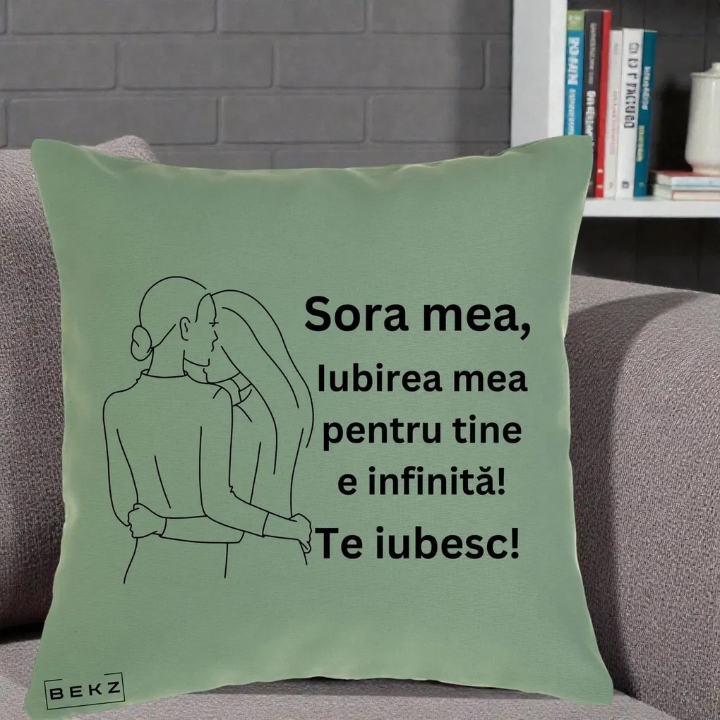 Cadou pentru Sora - Perna Personalizata Sora Mea Te Iubesc Imbratisare din Spate Line Art, 40x40 cm, Verde, Husa Detasabila, Perna Inclusa, BEKZ®