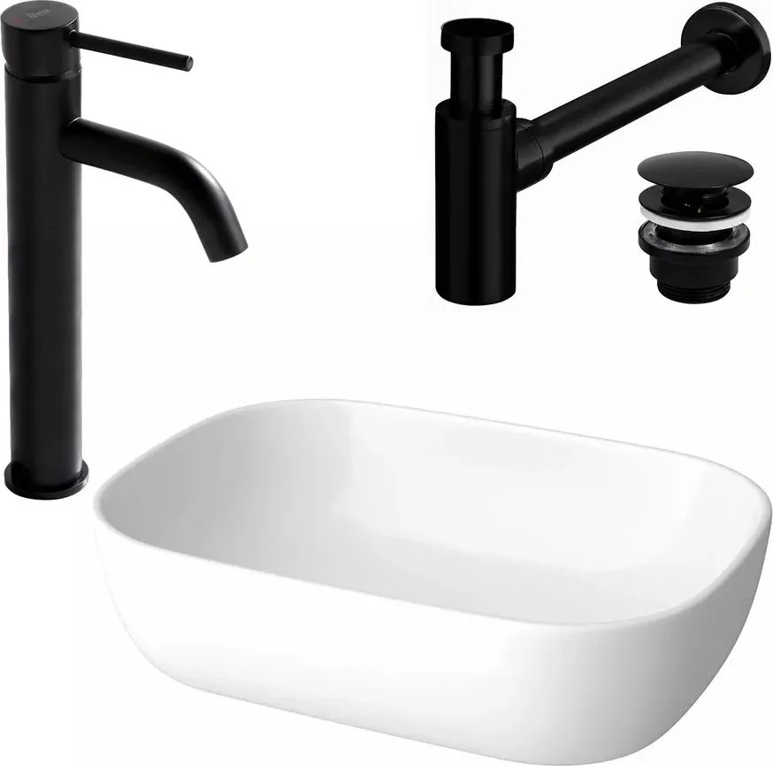 Pachet lavoar pe blat Cersanit Moduo alb 50.5 cm, baterie lavoar Rea Lungo negru si ventil lavoar Click-Clack negru