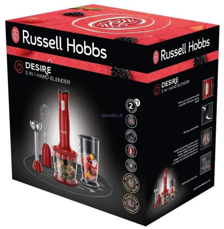 Blender, tocator si mixer 3in1 Russell Hobbs Desire 24700-56, 500W, 2 viteze + Puls, Tel, Tocator, Pahar Gradat, Functie pulse, Rosu