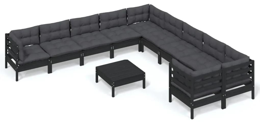 3097017 vidaXL Set mobilier grădină cu perne, 11 piese, negru, lemn de pin
