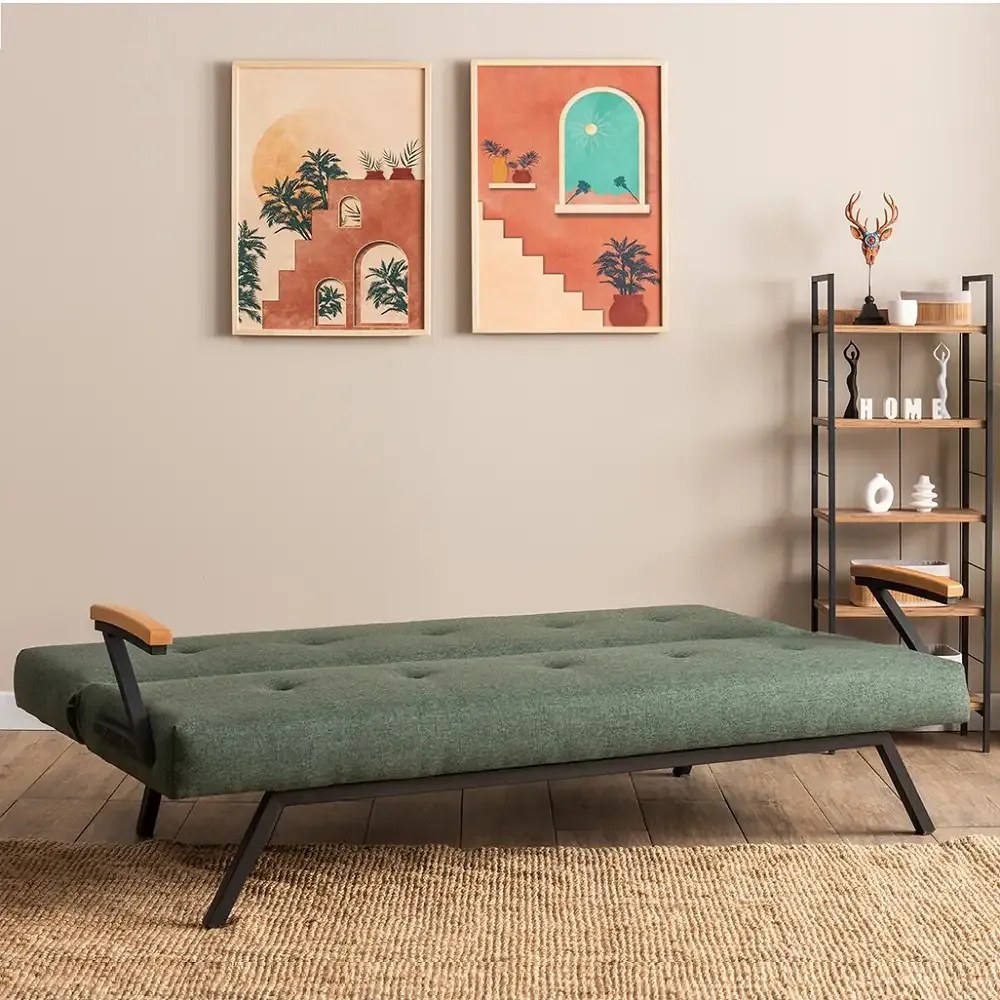 Canapea extensibilă 2 locuri modernă, 180x100 cm – stofă verde &amp; metal negru – Newyork