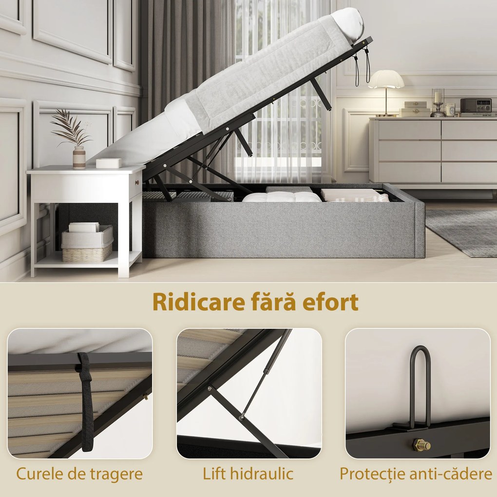 HOMCOM Cadru Pat Matrimonial 140x190 cm, Pat cu Spațiu de Depozitare, Pistoane cu Gaz, Lamele din Lemn, Fără Saltea, Silențios, Ușor de Montat, Înălțime 28 cm, Gri | Aosom Romania