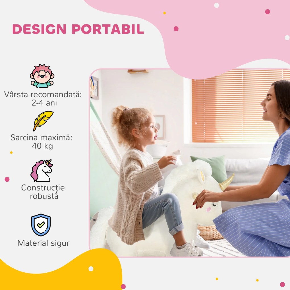 AIYAPLAY Cal Balansoar pentru Copii 2-4 Ani în Formă de Unicorn cu Sunete și Înveliș Moale, 63x33x56 cm, Alb | Aosom Romania