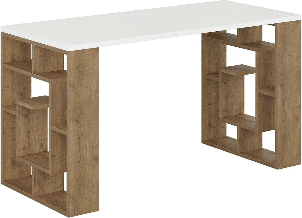 Birou MAZE, alb/stejar inchis, PAL melaminat, 140x60x75 cm