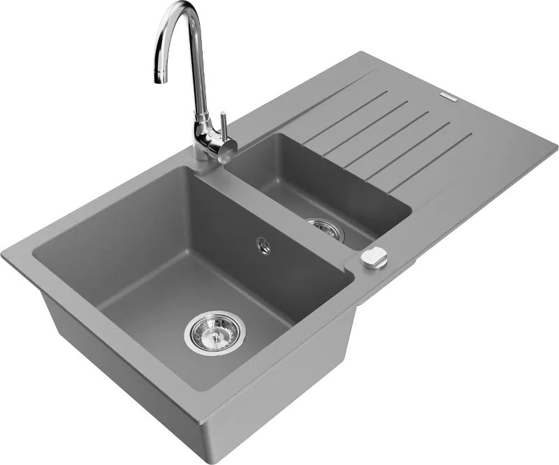 Mexen Matias chiuvetă de granit 1,5 camere cu scurgător și baterie de bucătărie Telma, gri - 6502-71-670200-00