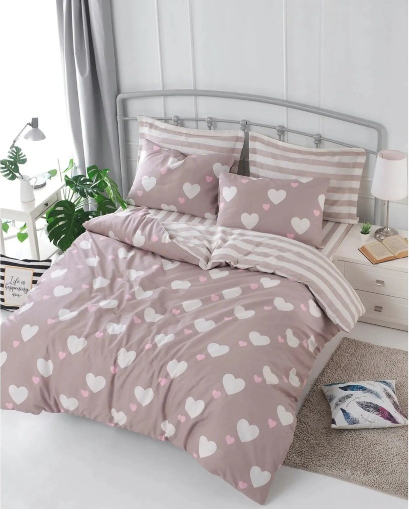Set lenjerie pat HERZ, bumbac/poliester, roz pudra/alb, 220x240 cm, cu