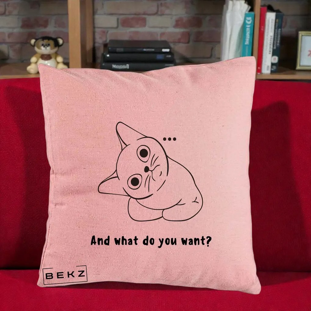 Perna Decorativa And What Do You Want Cat, 40x40 cm, Roz, Husa Detasabila, Perna Inclusa, BEKZ®