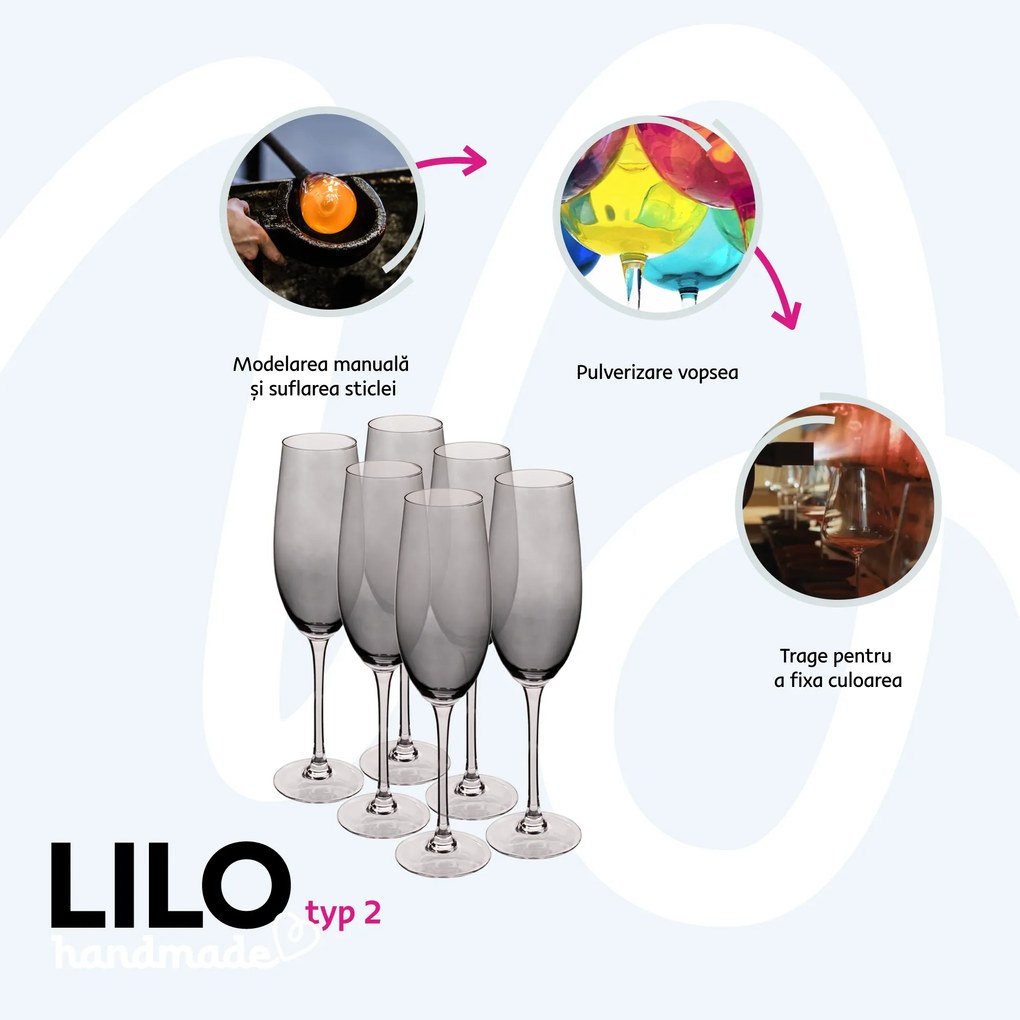 Pahare de şampanie, set de 6, 280 ml, gri deschis fumuriu, LILO TIP 2