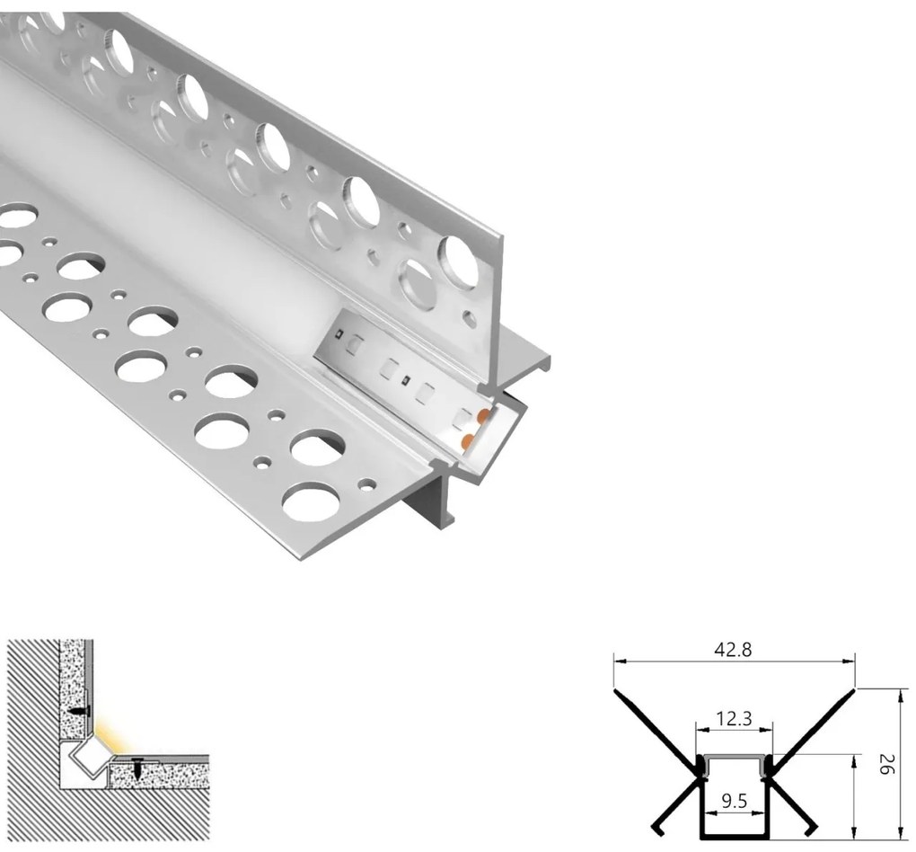 Profil LED Incastrat Colt Interior – 2m, Aluminiu