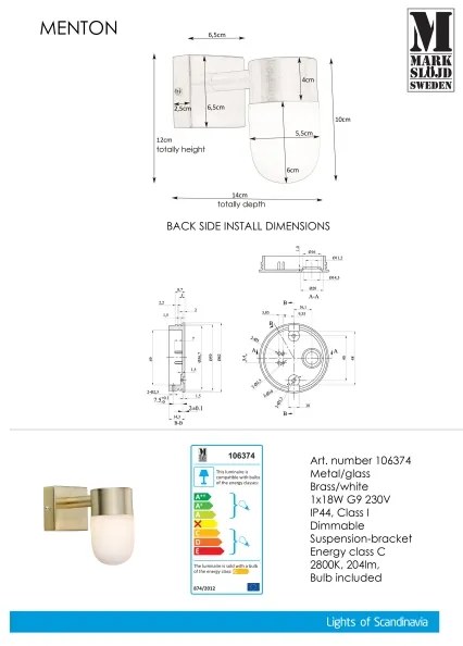 Aplică pentru baie Markslöjd 106374 MENTON 1xG9/18W/230V IP44