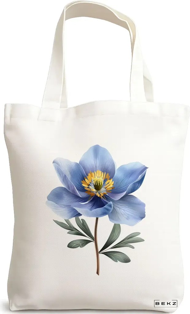 Sacosa de Panza pentru Cumparaturi, Geanta Tote, model Blue Flower 38 x 34.5 cm, Alba, BEKZ®