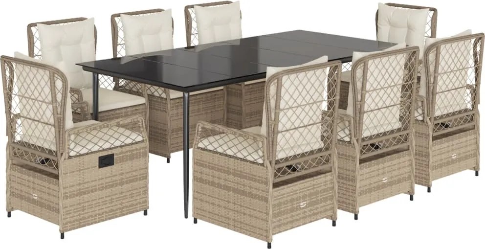 vidaXL Set de masă pentru grădină, 9 piese, cu perne, bej, poliratan