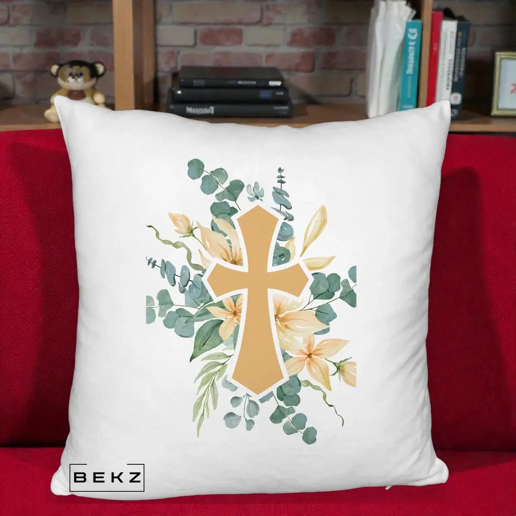 Perna Personalizata Cruce Florala Botez, 40x40 cm, Alb Pufos, Husa Detasabila, Perna Inclusa, BEKZ®