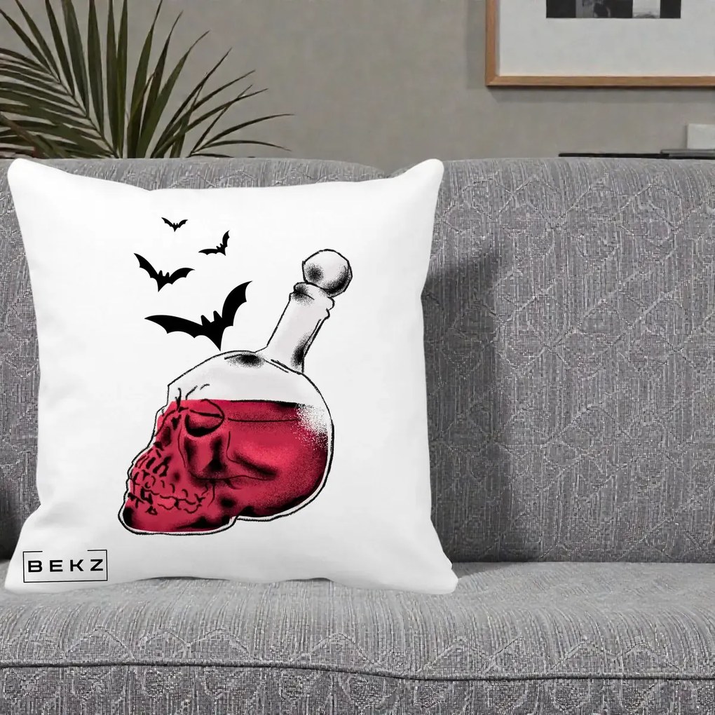 Perna Decorativa Halloween Craniu-Sticla cu Lilieci, 40x40 cm, Alba Mata, Husa Detasabila, Perna Inclusa, BEKZ®