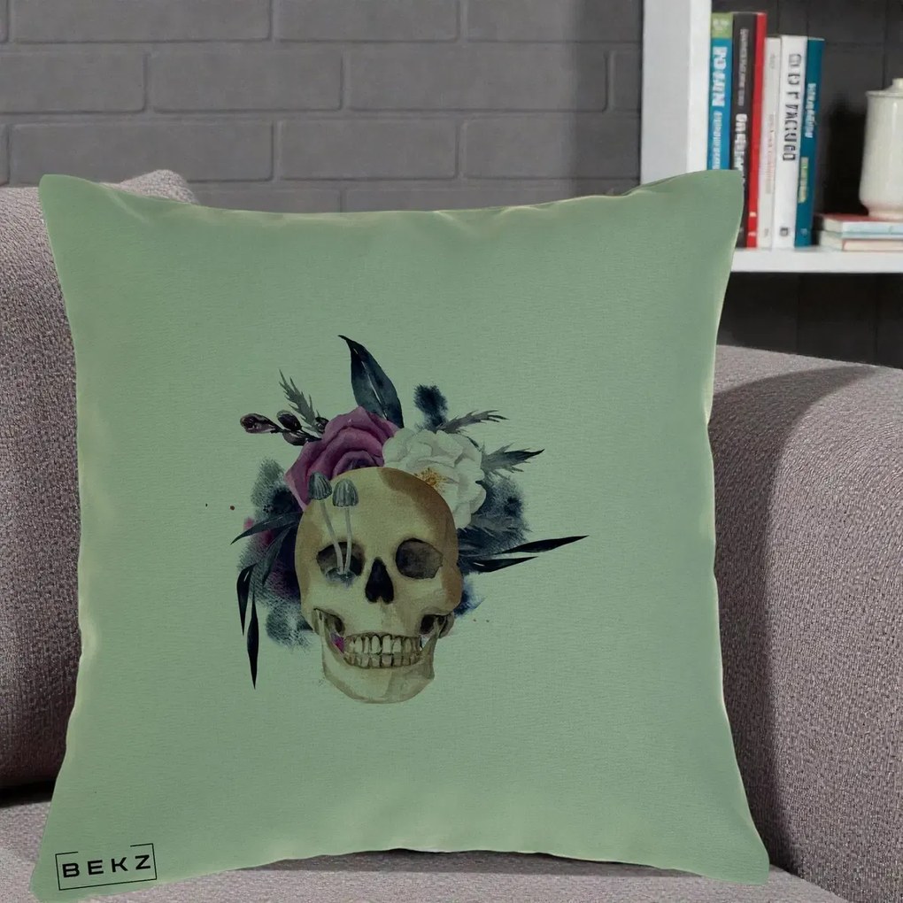 Perna Decorativa Craniu Floral cu Trandafiri si Ciuperci, 40x40 cm, Verde, Husa Detasabila, Perna Inclusa, BEKZ®