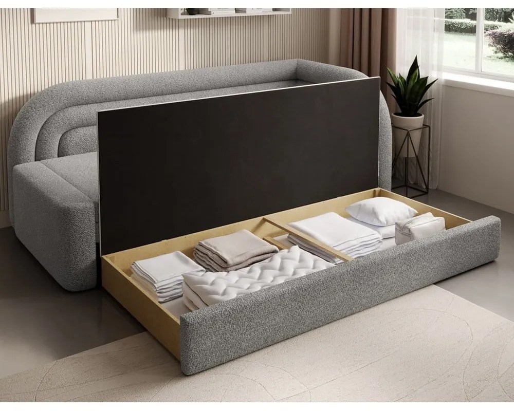 Canapea gri extensibilă/cu spațiu de depozitare cu tapițerie din țesătură bouclé cu colț pe partea dreaptă 223 cm Fabillo – ELTAP