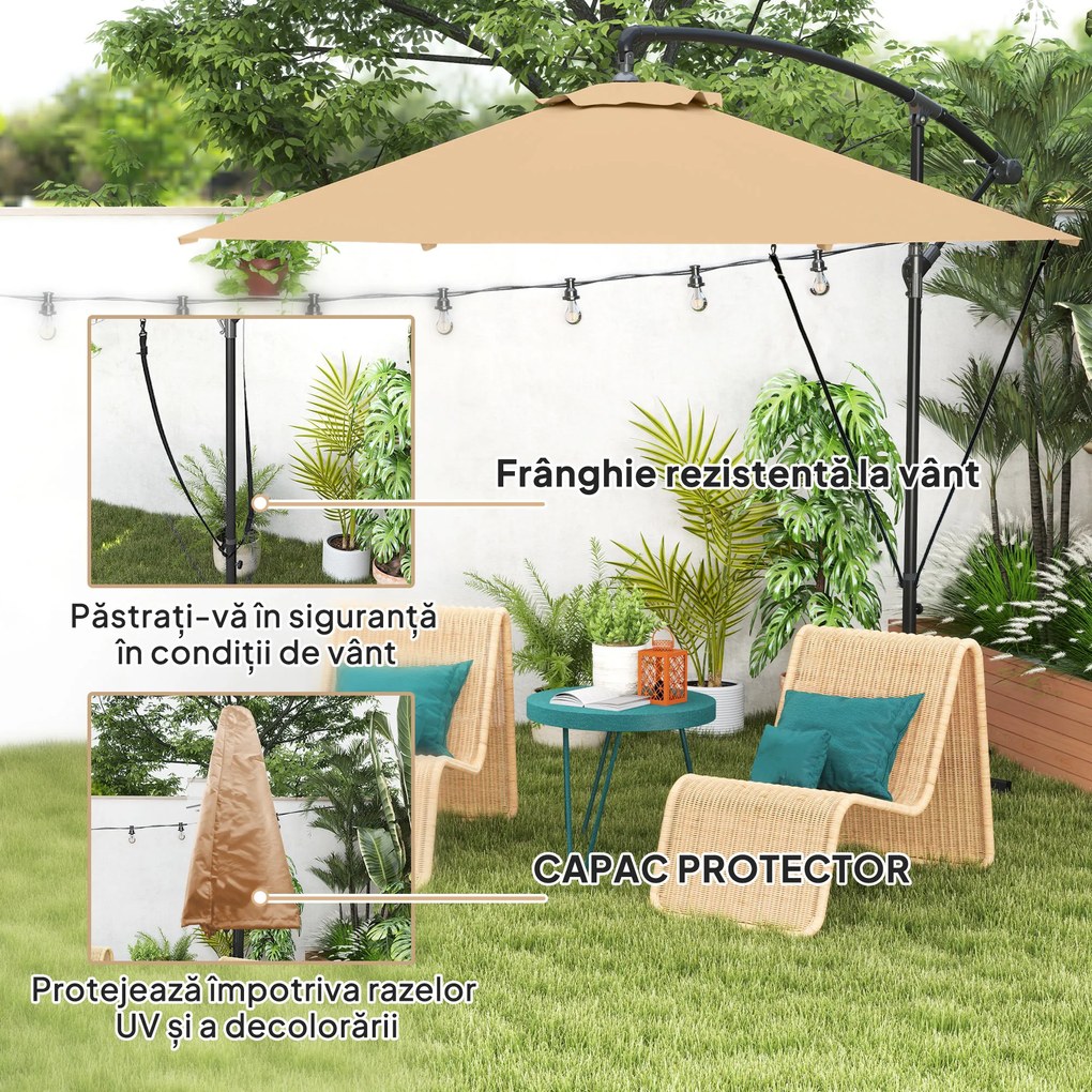 Outsunny Umbrelă de Soare cu Corzi Anti-Vânt, Orificii de Aerisire, Bază în Cruce și Manivelă, Φ290x243 cm, Gri | Aosom Romania