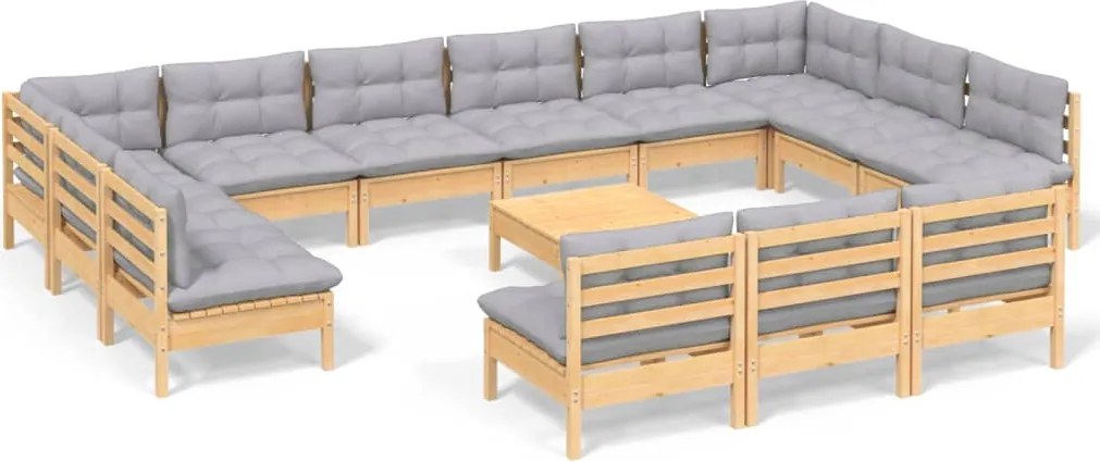vidaXL Set mobilier de grădină cu perne, 14 piese, gri, lemn masiv pin