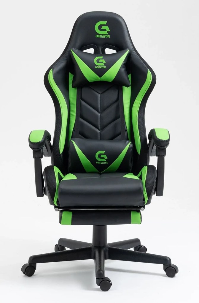 RESIGILAT- Scaun gaming, sistem iluminare bandă LED RGB, masaj în perna lombară, suport picioare, Negru/Verde
