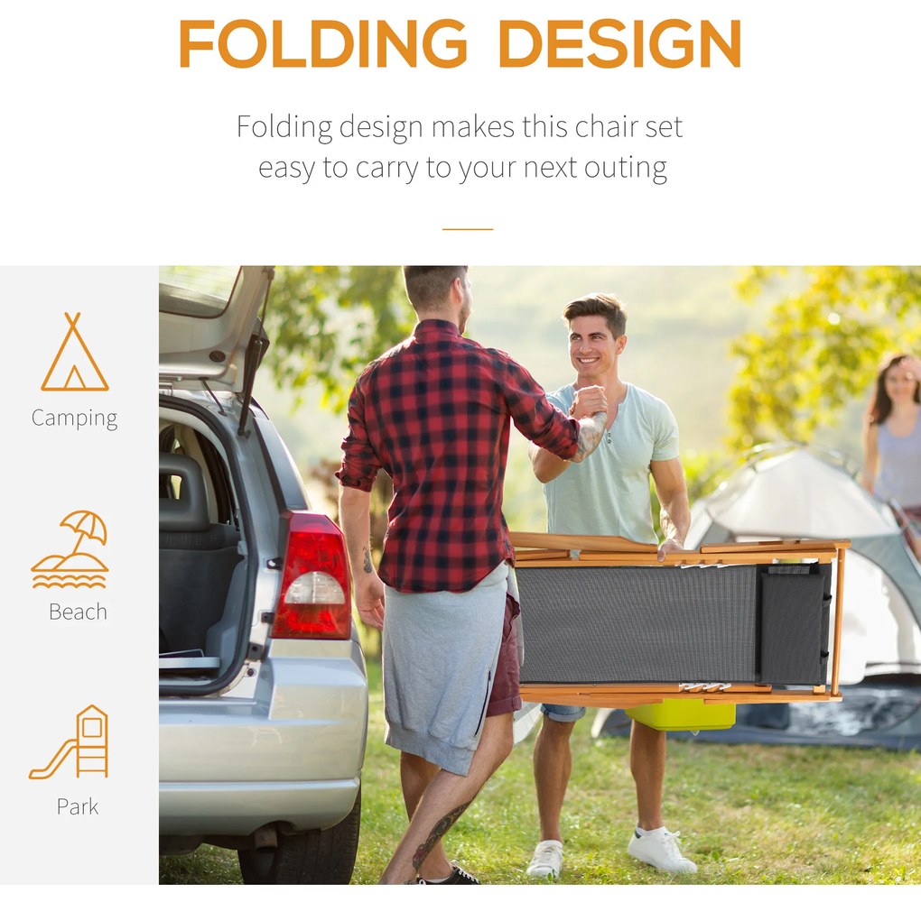 Outsunny Set de 2 Sezlonguri de Gradina Pliabile cu Spatar Reglabil pe 3 Niveluri, Sezlong pentru Plaja din Lemn si Tesatura Plasa, Gri