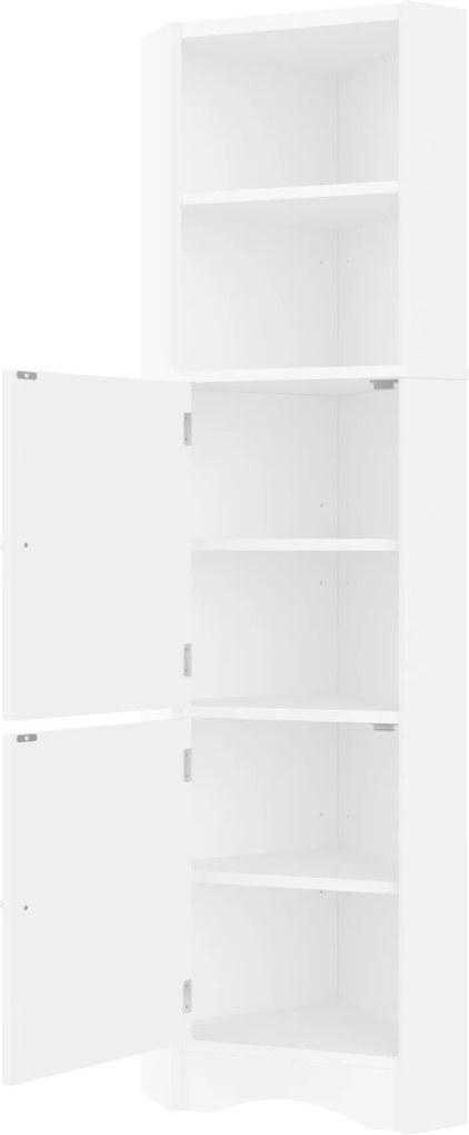 Dulap de baie triunghiular cu două rafturi deschise, pereți despărțitori reglabili, 51,7x32x155,4 cm, Alb