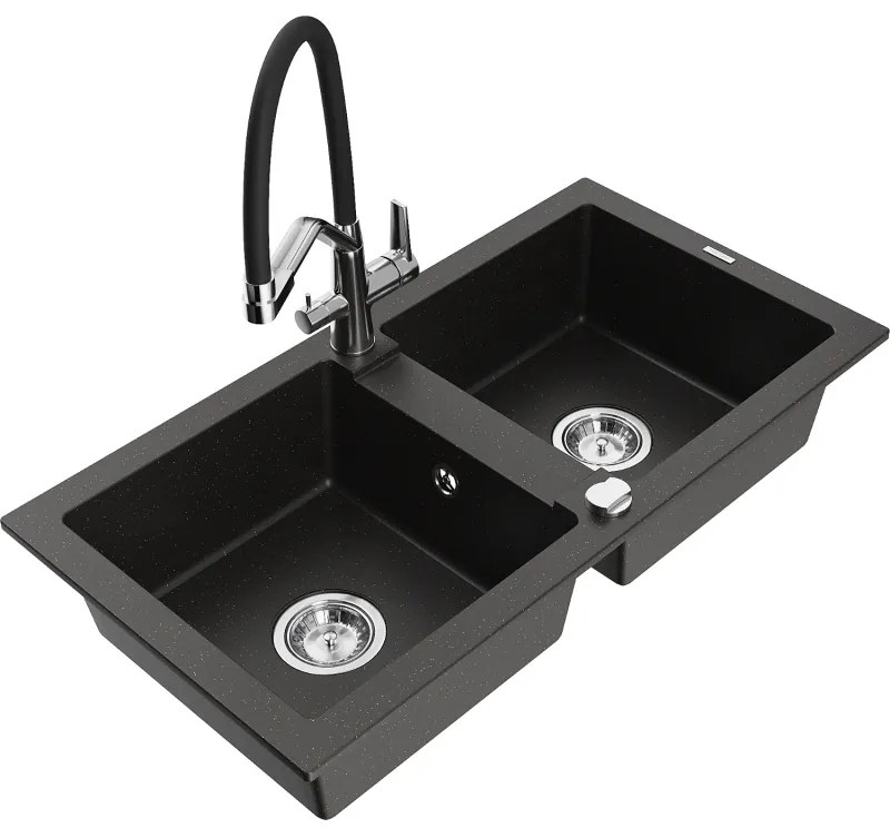Mexen Mario chiuvetă de bucătărie din granit cu 2 compartimente și baterie Duo, negru/auriu metalizat - 6504-75-671701-07