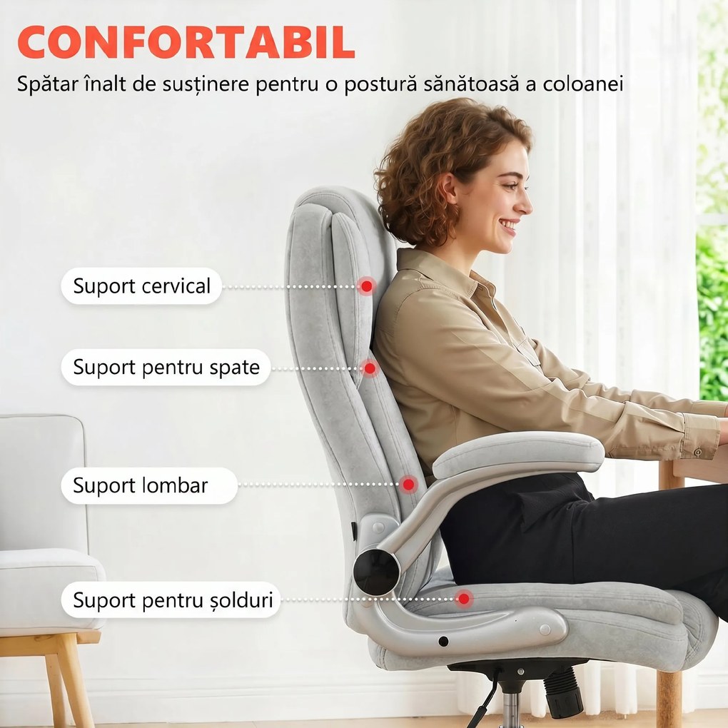 Scaun Ergonomic HOMCOM, Spătar Înalt, Tapițat în Catifea Imprimată, Cotiere Rabatabile, Alb Crem | Aosom Romania