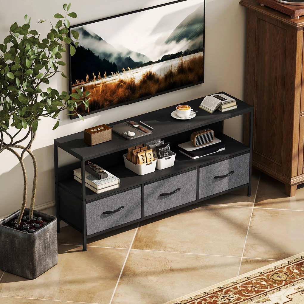 HOMCOM Suport TV Mobil, Până La 55", cu 3 Sertare Textil Pliabile, Raft, 120x29x56 cm, Negru | Aosom Romania