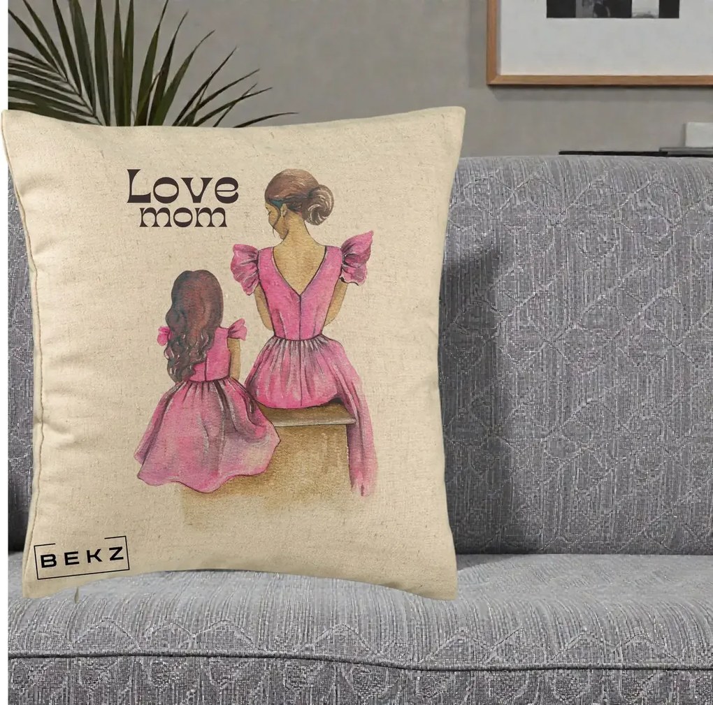 Cadou pentru Mama - Perna Personalizata Love Mom Rochii Roz, 40x40 cm, Bej, Husa Detasabila, Perna Inclusa, BEKZ®