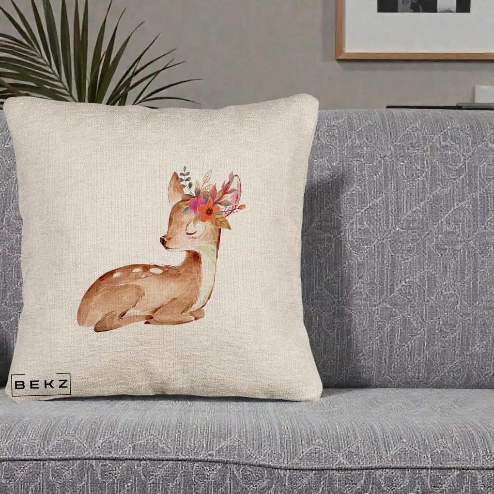 Perna Decorativa Caprioara cu Flori in Coama, 40x40 cm, Bej Canapea, Husa Detasabila, Perna Inclusa, BEKZ®
