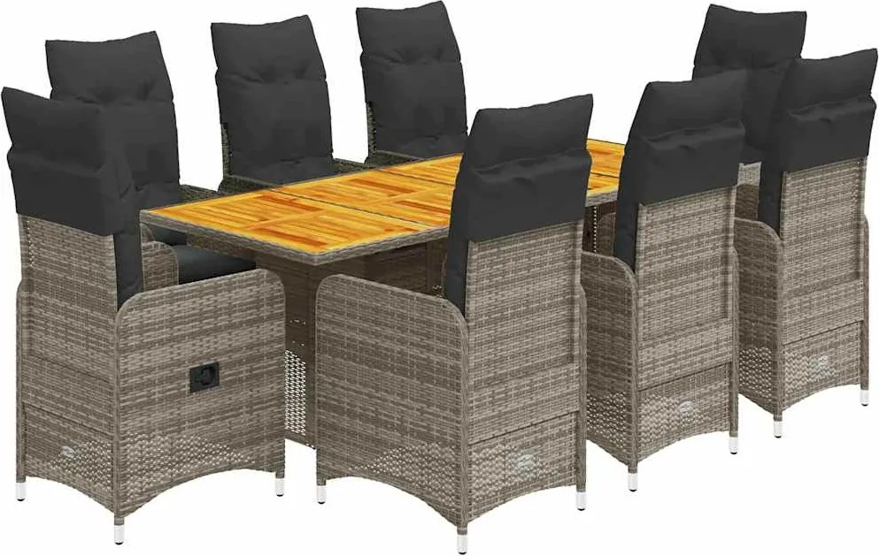 vidaXL Set bistro de grădină cu perne, 9 piese, gri, poliratan