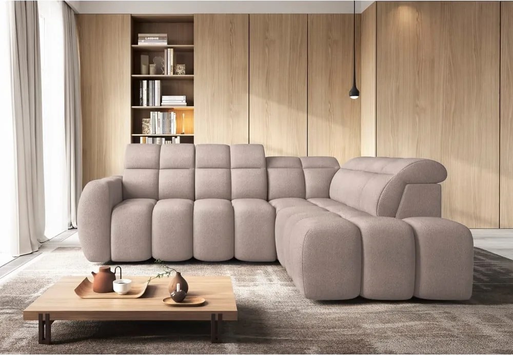 Colțar maro deschis extensibil/cu spațiu de depozitare cu tapițerie din țesătură bouclé (cu colț pe partea dreaptă/în formă de ”L”) Falconn – ELTAP