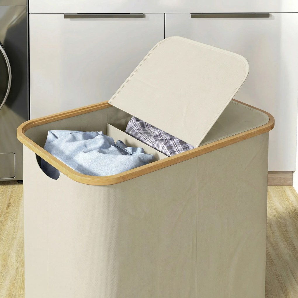 HOMCOM Coș Pentru Rufe 80L cu Capac Din Bambus, Bej | Aosom Romania