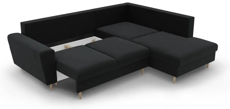 Colțar negru extensibil, cu spațiu de depozitare cu tapițerie din catifea (cu colț pe partea dreaptă-în formă de ”L”) Kyoto – Cosmopolitan Design