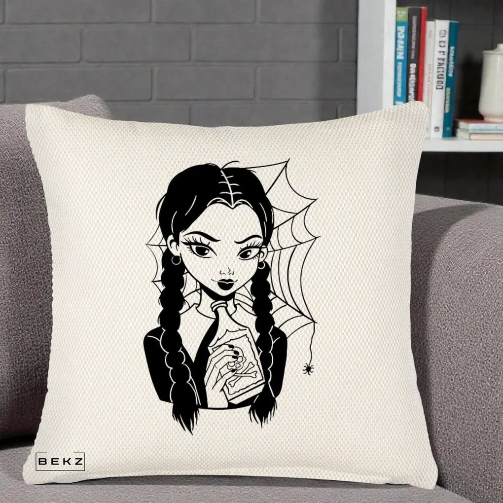 Perna Personalizata Wednesday cu Panza de Paianjen, 40x40 cm, Crem Reliefat, Husa Detasabila, Perna Inclusa, BEKZ®