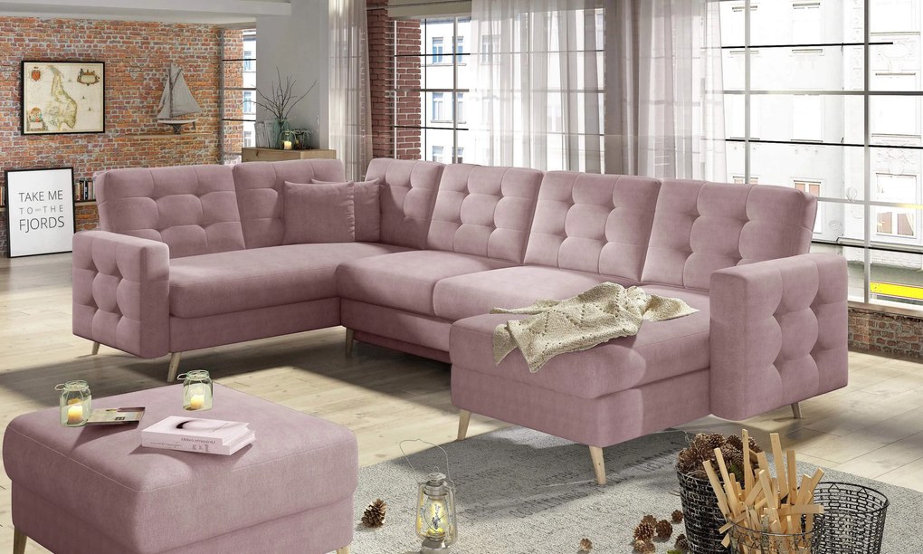 Coltar extensibil U cu lada de depozitare Asgard Pink Velvet 320x202/1