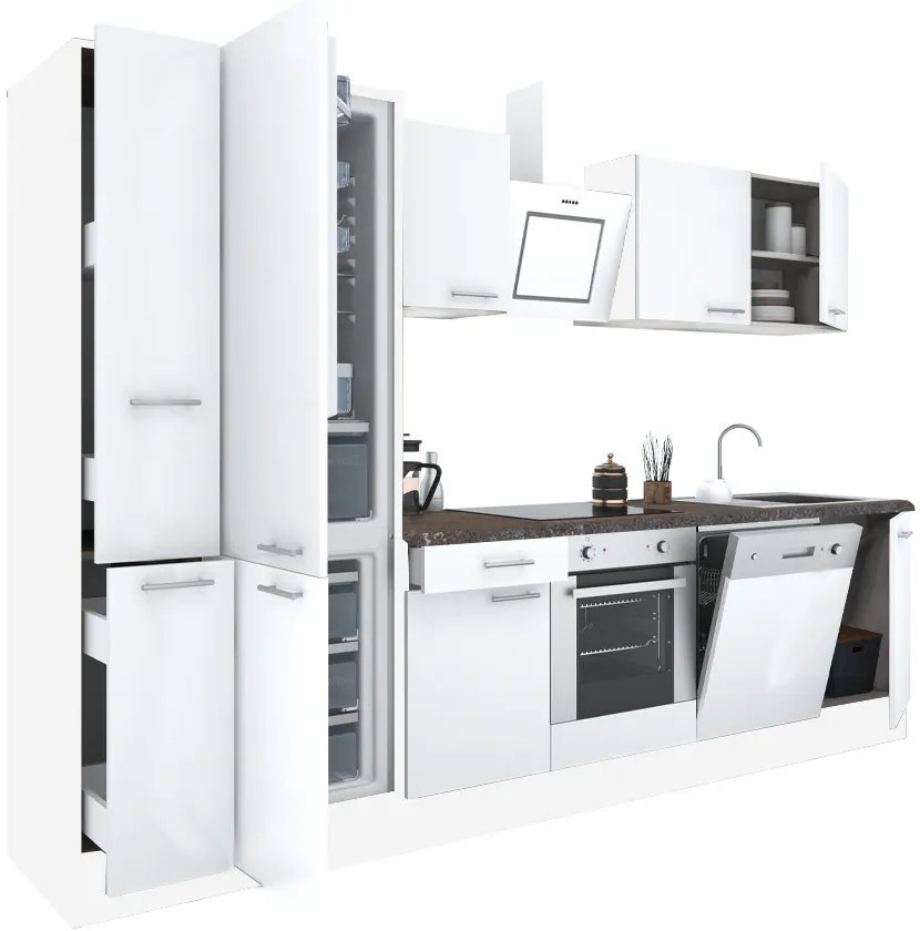 Mobilă de bucătărie Yorki 310, corp alb, față alb satinat, element cuptor inferior, frigider congelator inferior