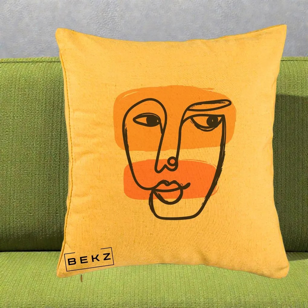 Perna Decorativa Portret Abstract Line Art Portocaliu, 40x40 cm, Galben, Husa Detasabila, Perna Inclusa, BEKZ®