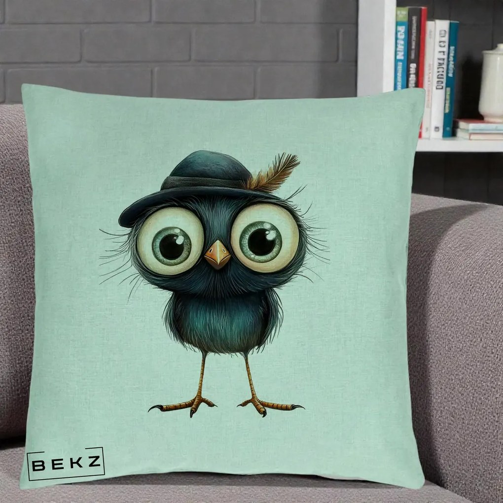 Perna Decorativa Pui Misterios cu Palarie Neagra, 40x40 cm, Verde Menta, Husa Detasabila, Perna Inclusa, BEKZ®