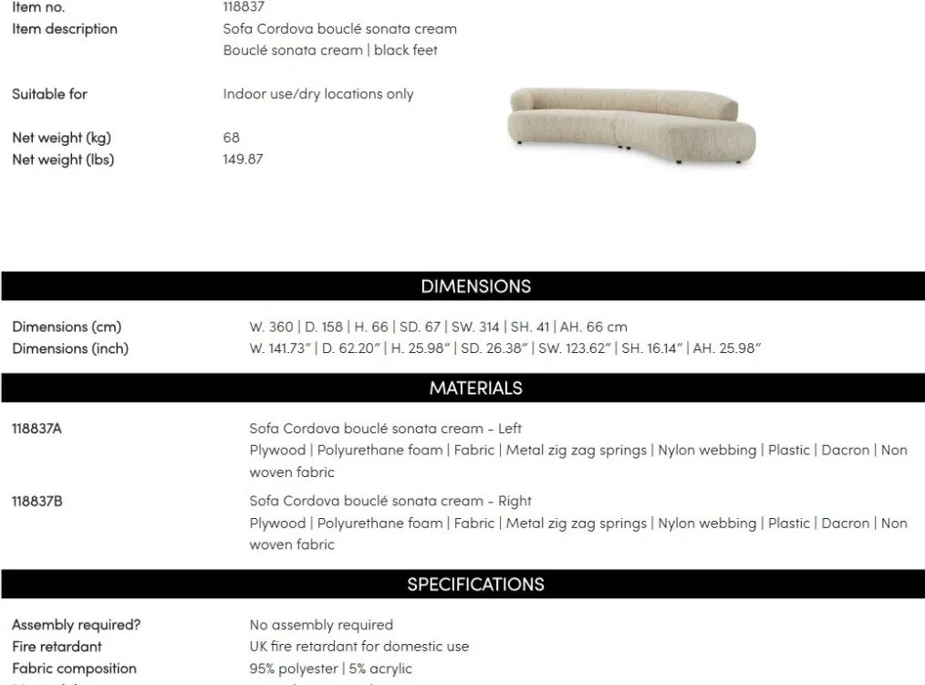 Canapea design LUX Cordova, Boucle sonata crem