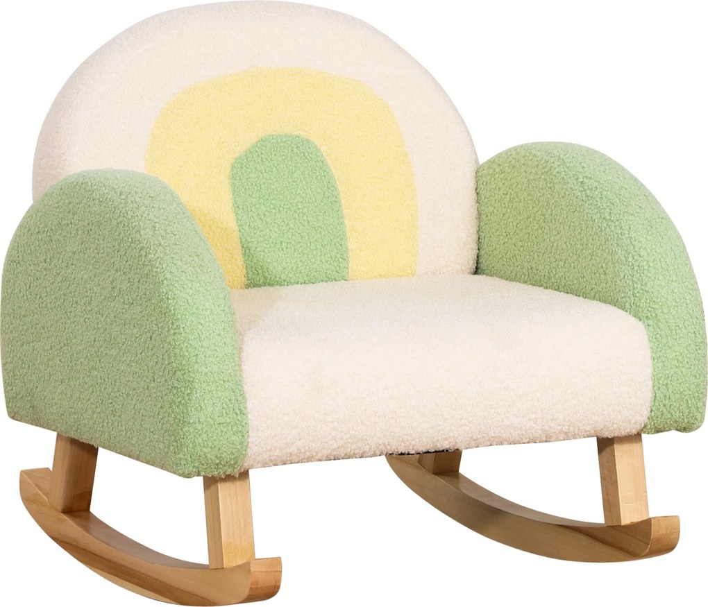 HOMCOM Fotoliu balansoar pentru copii mici, design drăguț, imitație de lână, lemn de eucalipt, Verde + Galben Bej | Aosom Romania