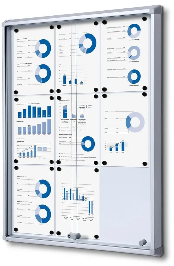 Vitrina de informatii interioare cu usi glisante 9 x A4 - spate tabla, aluminiu