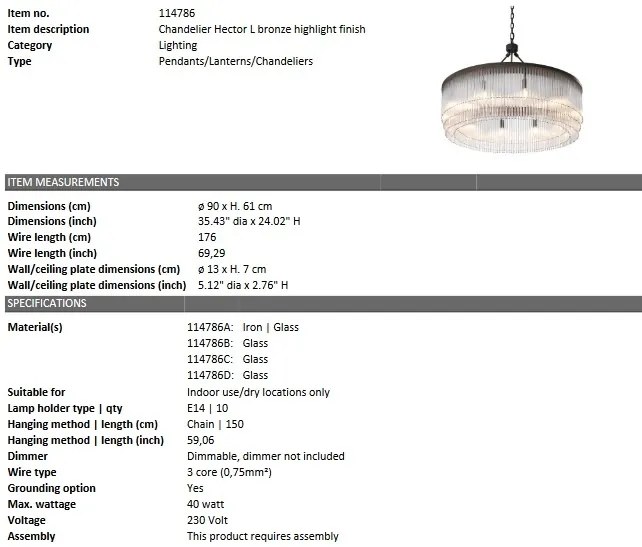 Lustra suspendata design elegant Hector L, metal bronz 114786 HZ