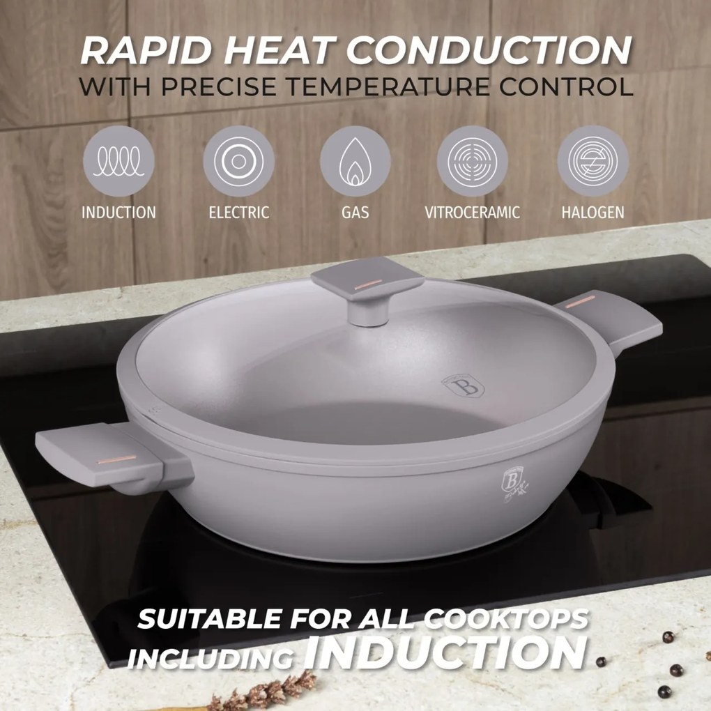 Cratiță cu capac 30 cm, 4.5L – Berlinger Haus Taupe Collection BH 8099, strat antiaderent titan, gri, pentru gătit zilnic
