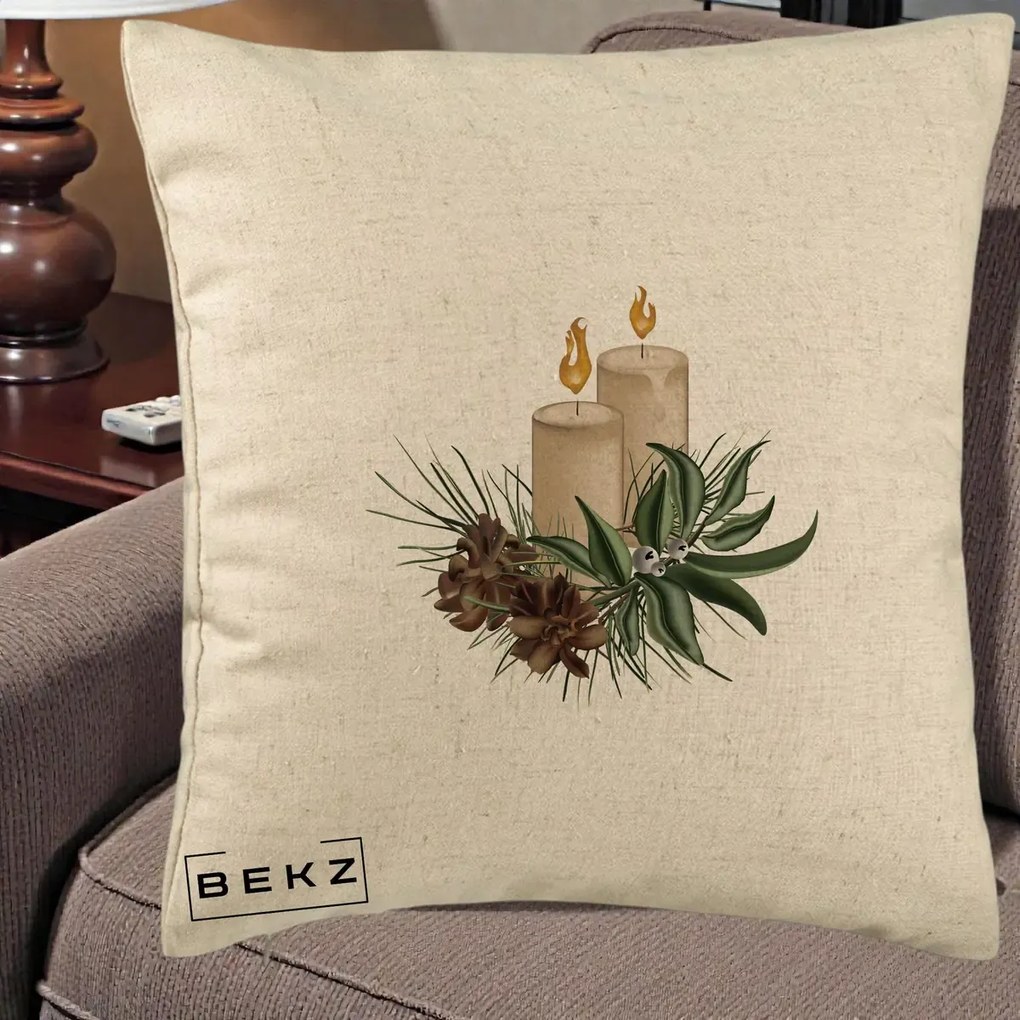 Perna Decorativa Lumanari cu Ilex si Conuri Ilustratie, 40x40 cm, Bej, Husa Detasabila, Perna Inclusa, BEKZ®