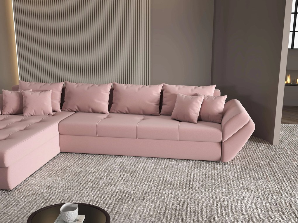 Colțar extensibil dumonde cu ladă de depozitare si sezut confortabil din spuma high-density, Loana XL Royal Roz 335x185 cm