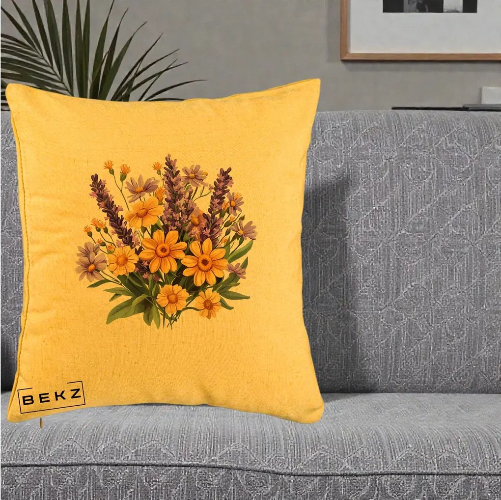 Perna Decorativa Lavanda cu Margarete Galbene si Lila, 40x40 cm, Galben, Husa Detasabila, Perna Inclusa, BEKZ®